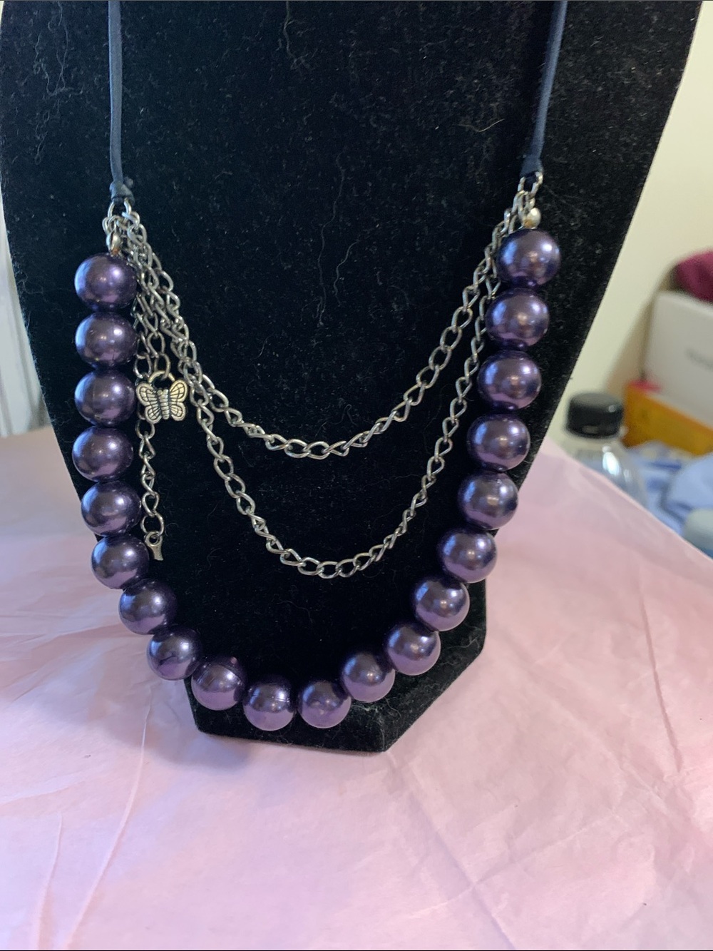 Purple Beaded Layered Necklace with Butterfly Charm